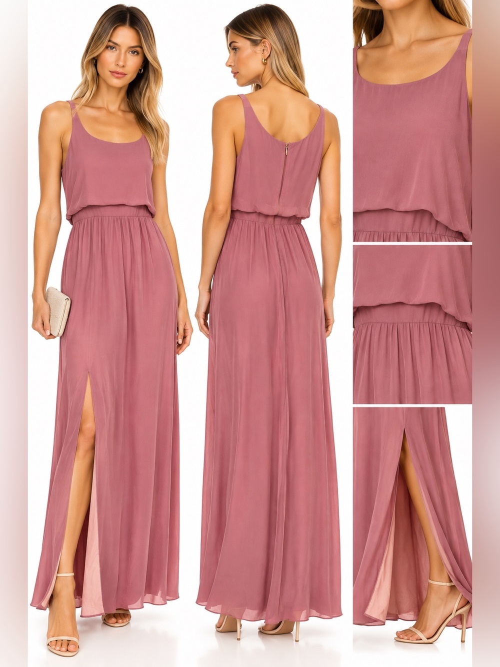 Vintage 100% Silk Dusty Rose Pink Maxi Dress Layered Blouson Side Slit